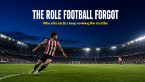 A central midfielder in the carrilero role shuttling sideways from centre to flank under stadium floodlights, mid-action. CAPTION: The carrilero role - the lateral shuttler modern tactics keep quietly resurrecting.