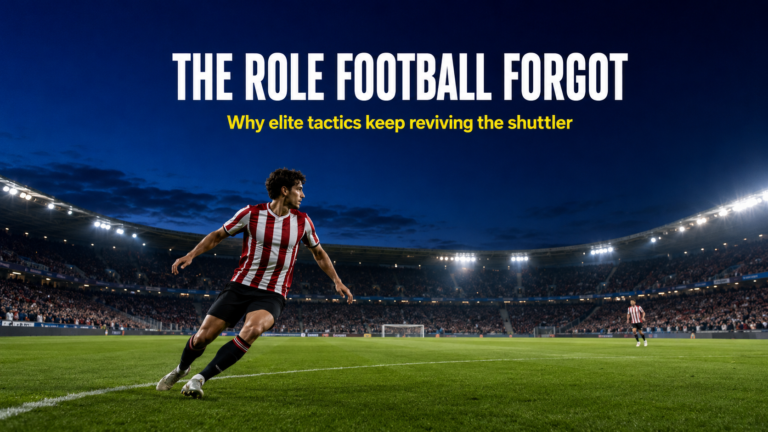A central midfielder in the carrilero role shuttling sideways from centre to flank under stadium floodlights, mid-action. CAPTION: The carrilero role - the lateral shuttler modern tactics keep quietly resurrecting.