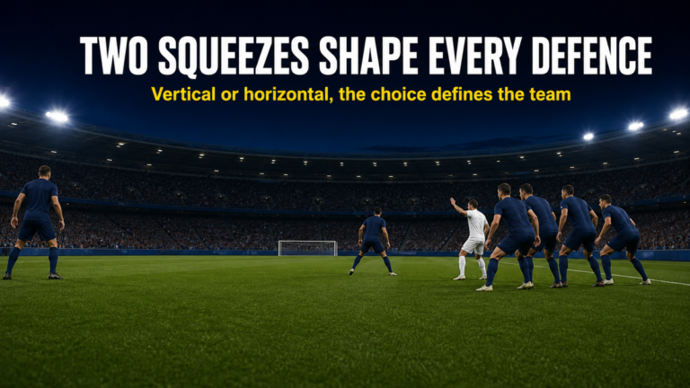 Compactness in football illustrated by a defensive block compressing both vertically and horizontally on a single tactical moment