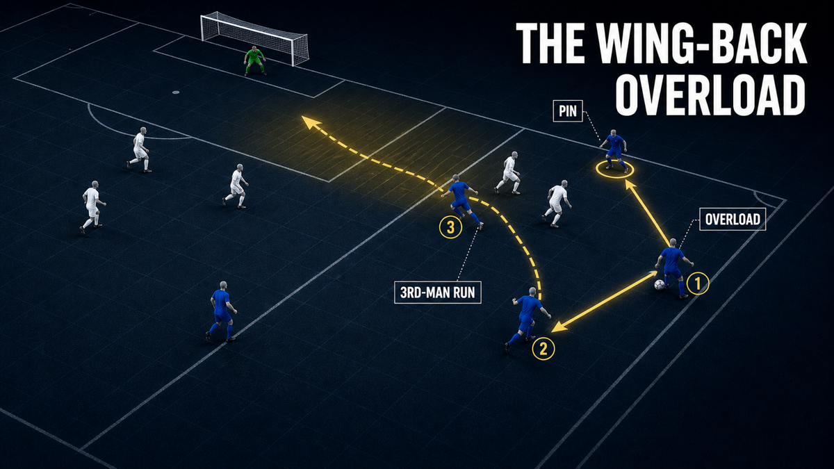 Wing-back overload automation diagram showing three attackers flooding one flank channel
