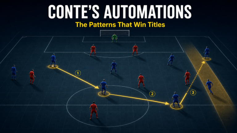 Tactical board showing Conte patterns of play with wing-back overload arrows on a pitch