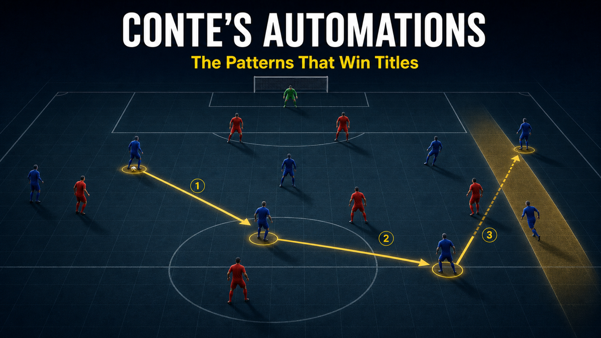 Tactical board showing Conte patterns of play with wing-back overload arrows on a pitch