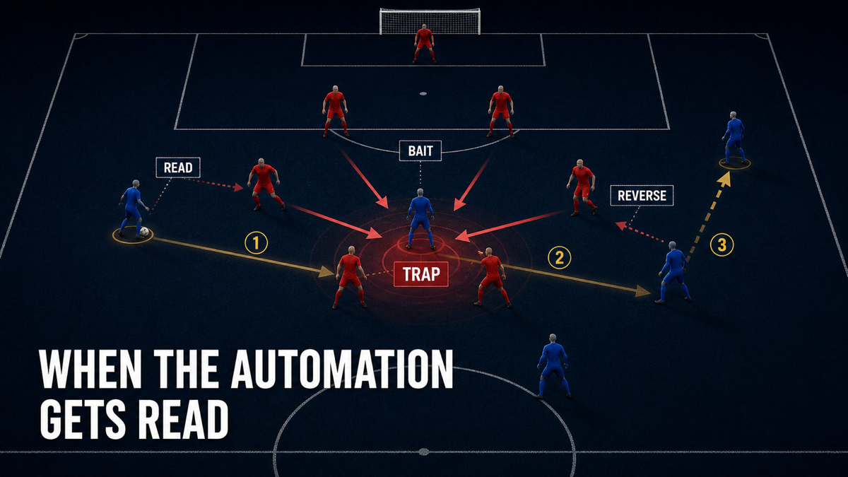 Defensive trap diagram showing opponents baiting and reading Conte's rehearsed automation
