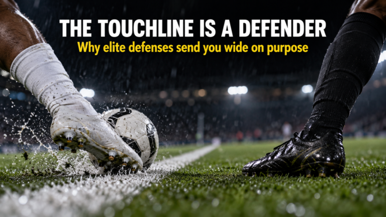 Defensive funneling in close-up, a defender's boot shutting the inside lane at the touchline