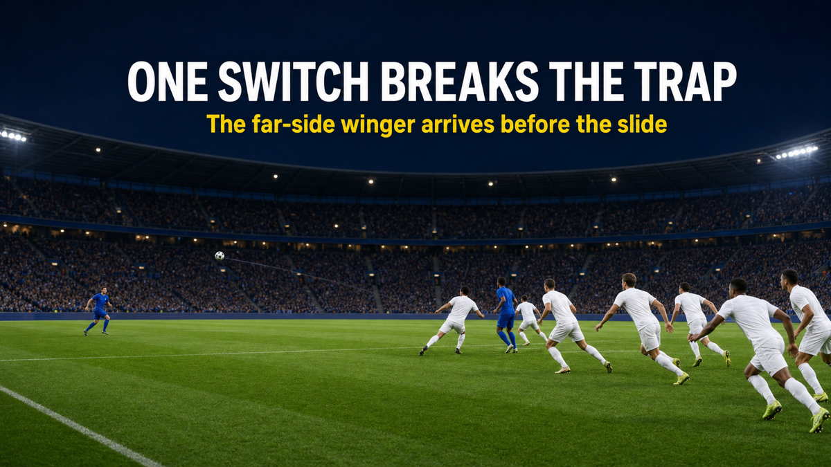 Rapid switch of play beating a defensive funnel as a far-side winger attacks open space