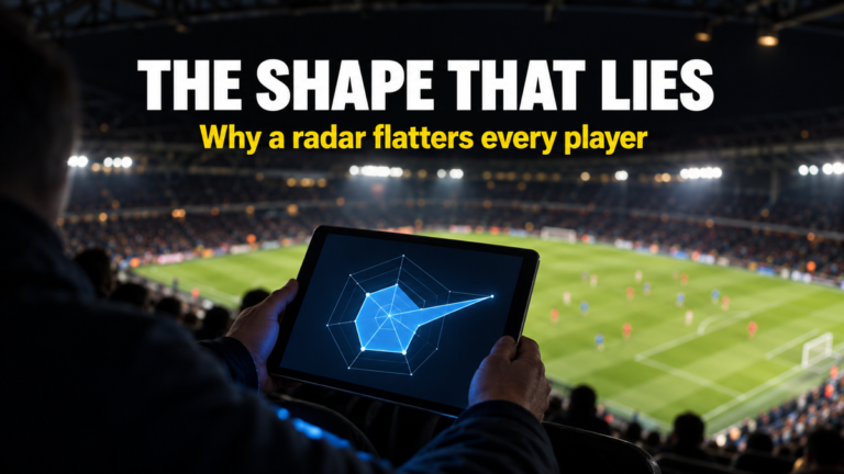 Football radar chart glowing on an analyst's tablet in the stand, one spoke far longer