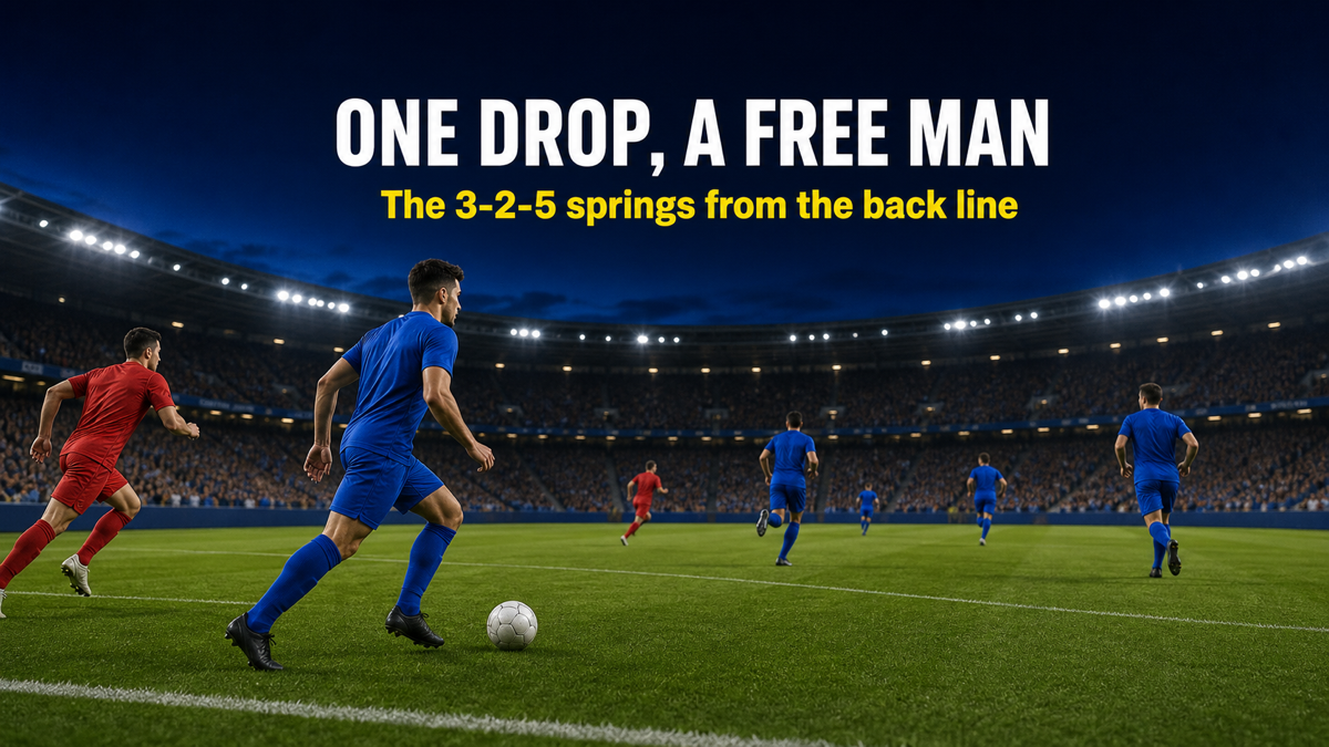 Half-back drop springing a 3-2-5 build-up shape against a two-forward press