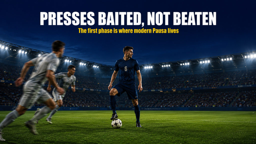 La pausa football applied in build-up as a deep midfielder baits two pressing forwards before releasing a line-breaking pass.