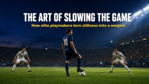 La pausa football tactic captured as a playmaker stops on the ball under stadium floodlights to bait opposition defenders.