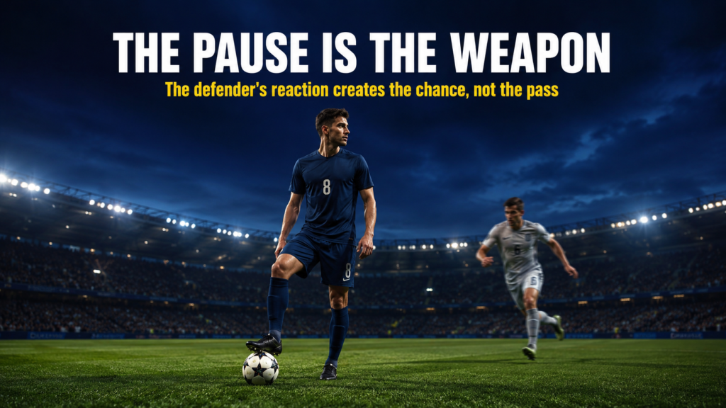 La pausa football theory illustrated as a midfielder stops on the ball while a pressing defender leans forward at twilight.