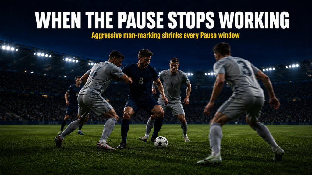 A playmaker surrounded by tight man-marking shows how modern pressing structures shut down la pausa football tempo control across the midfield.