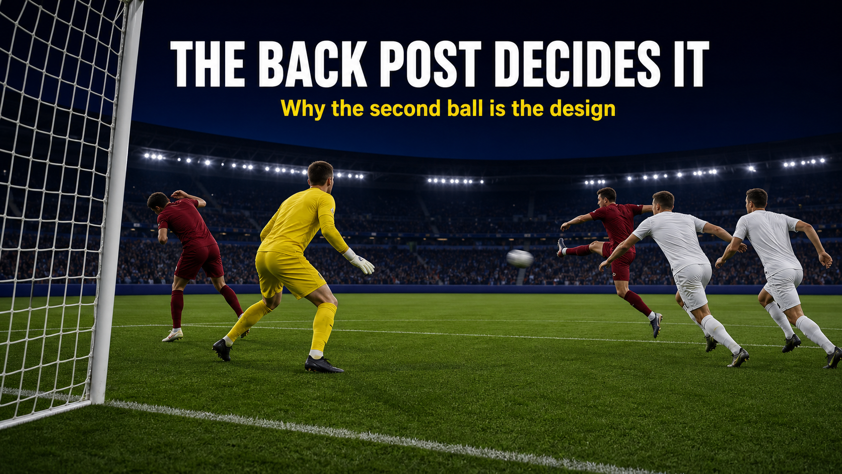 Glanced header redirects driven corner across six-yard box for back-post finish