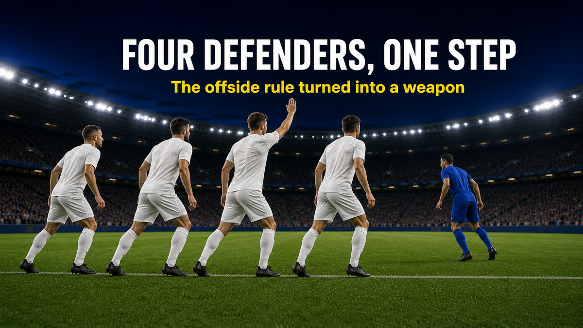 Offside trap shown as a back four steps up in unison to catch a forward