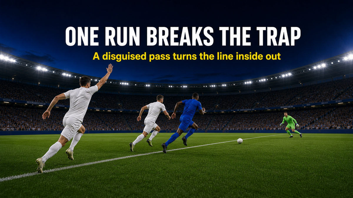 Attacker times a curved run to beat the high line and escape the offside trap