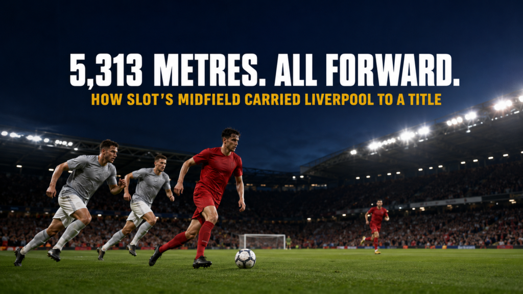 A central midfielder drives forward through midfield
pressure, bypassing two opponents during a Premier League night match