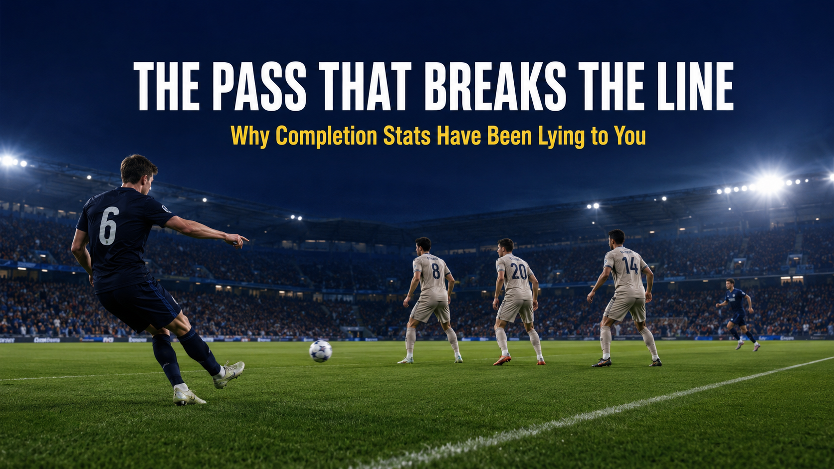 Midfielder plays a line-breaking pass past three opponents at a Champions League night match, illustrating the packing football metric in action