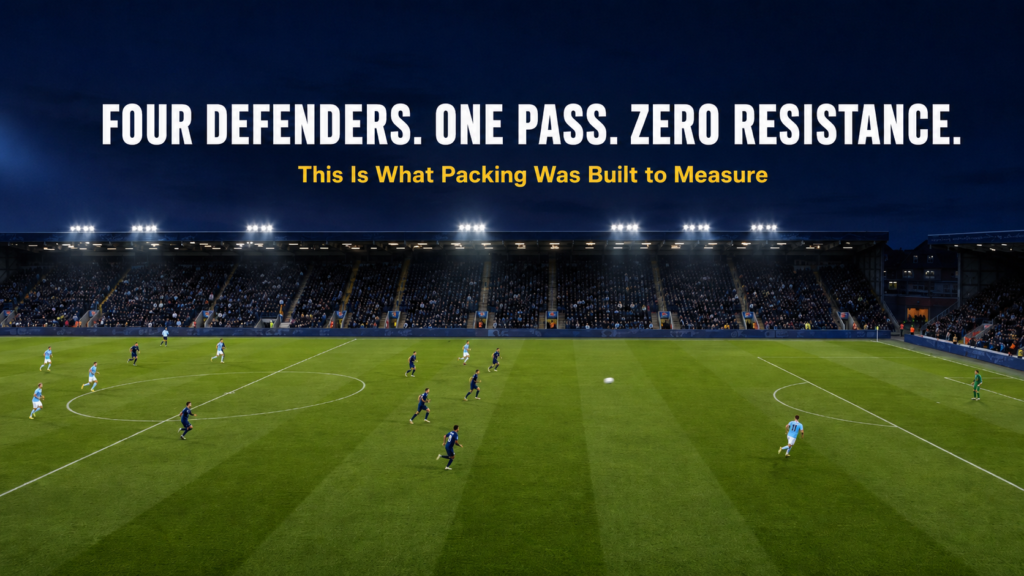 Broadcast aerial view showing four defenders bypassed by a
single forward pass, illustrating the packing football metric in
practice
