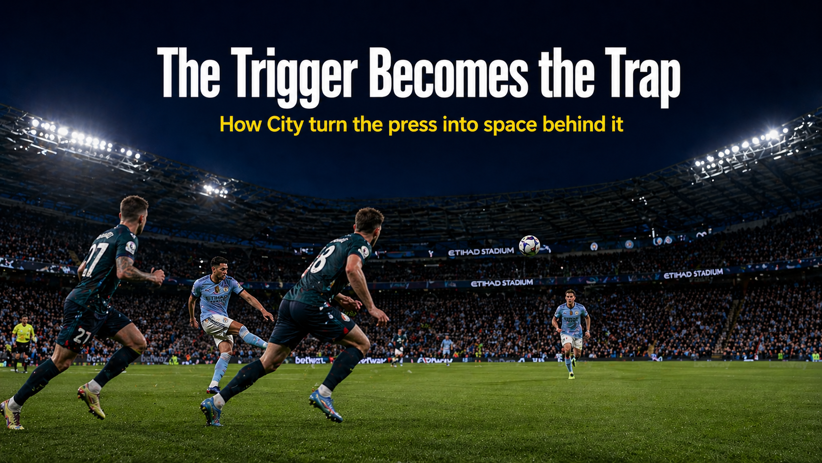 Manchester City midfielder breaking a high press with a vertical line-breaking pass over committed pressers