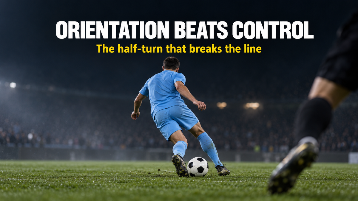 Receiving on the back foot, a midfielder's open body letting the first touch travel forward