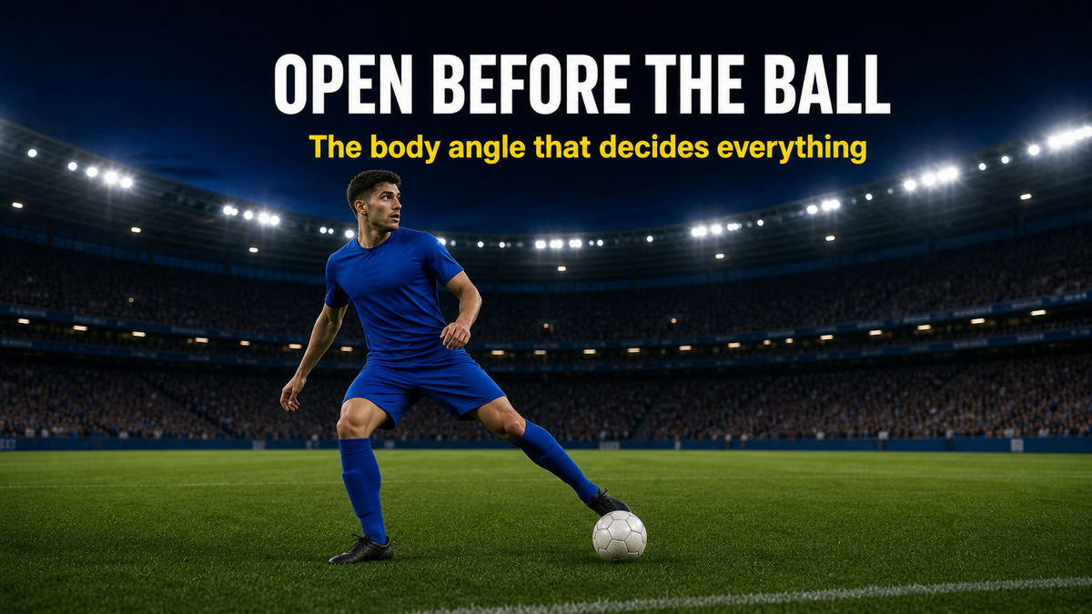 Open body shape as a midfielder receives on the back foot, hips turned to face goal
