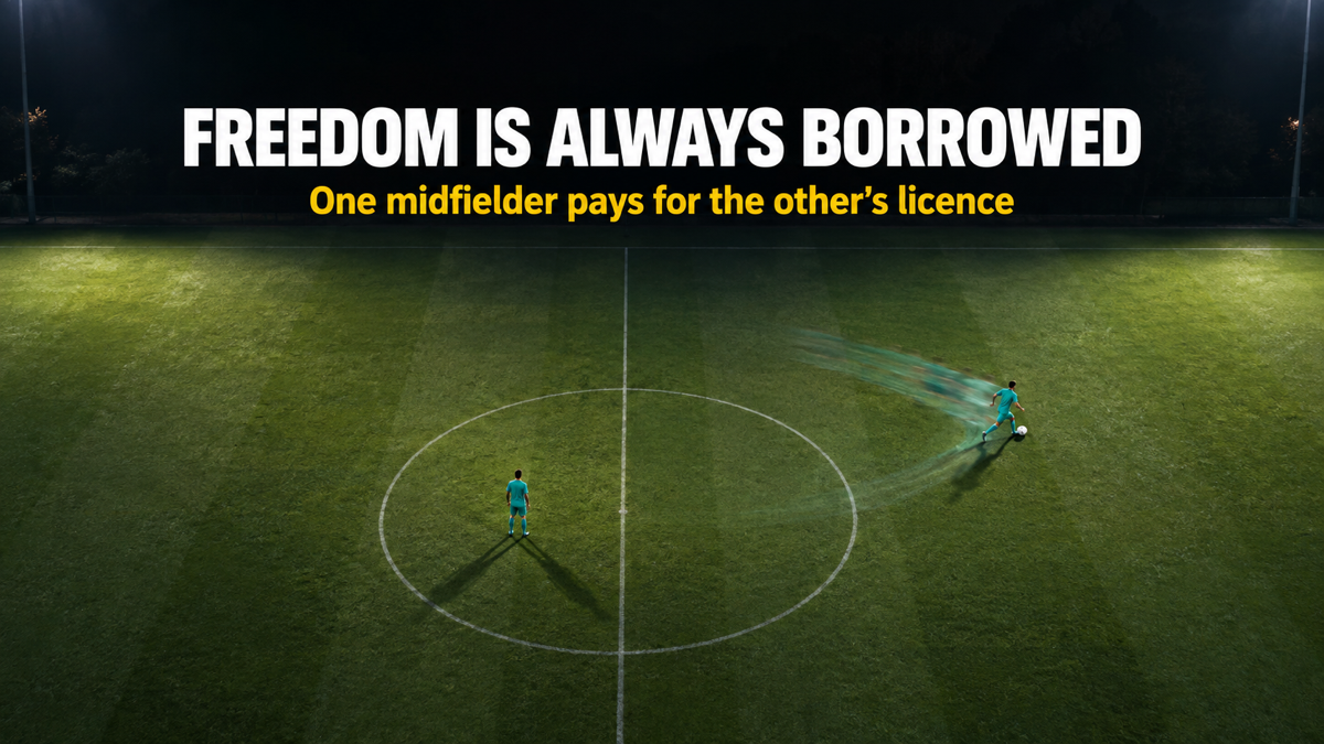 Roaming playmaker drifting free while the anchor holds the centre, seen from directly above