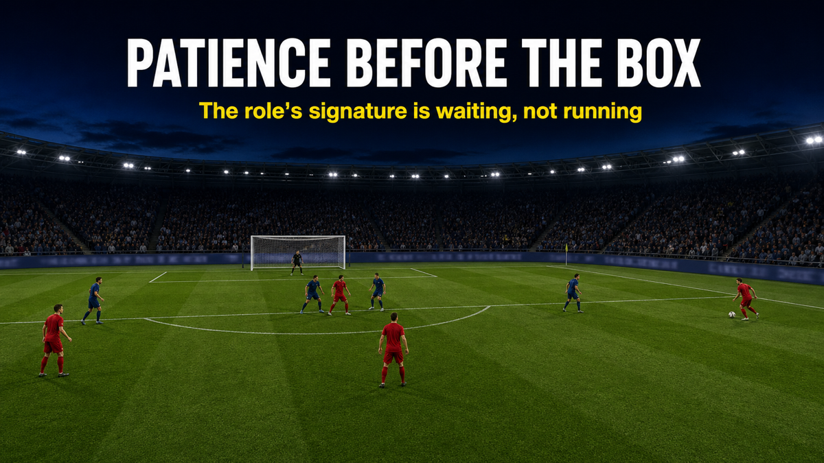 Shadow Striker role illustrated as withdrawn forward holding patience outside penalty box while target Number 9 occupies centre-backs