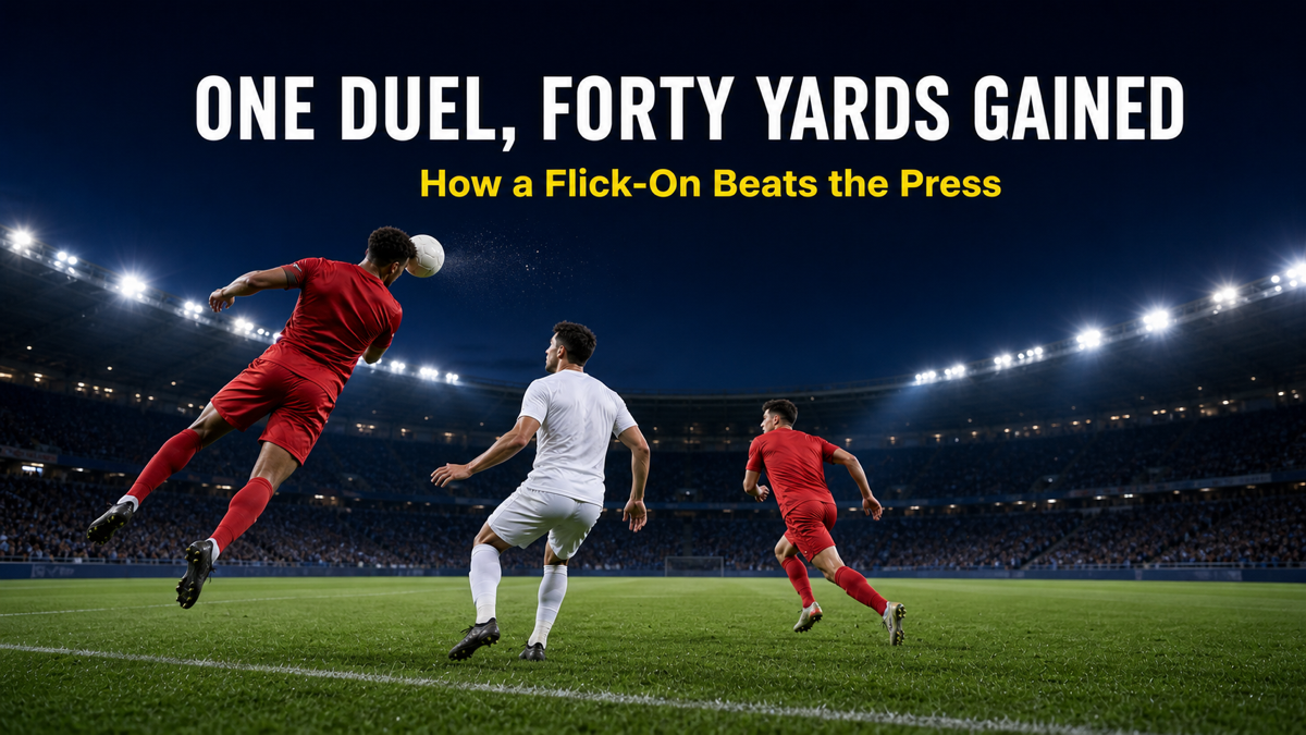 Wide target man winning an aerial flick-on as a central runner attacks the second ball