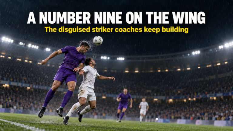 Target winger winning an aerial duel against a smaller full-back near the touchline in rain