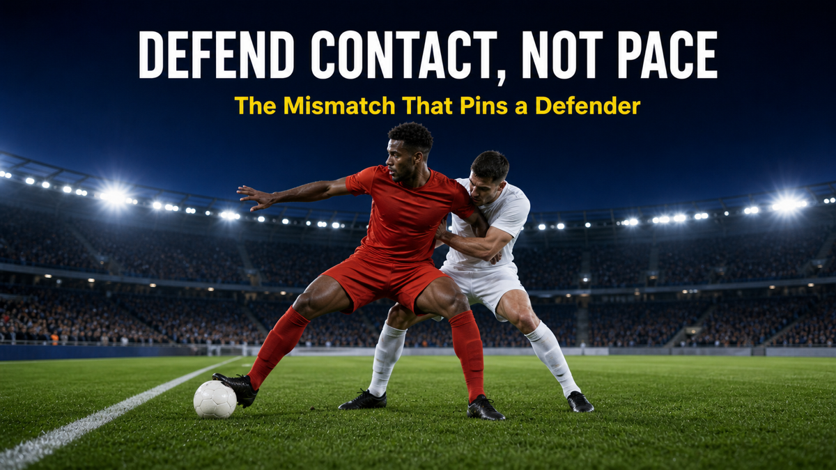Target winger shielding the ball wide with a defender pressed against his back