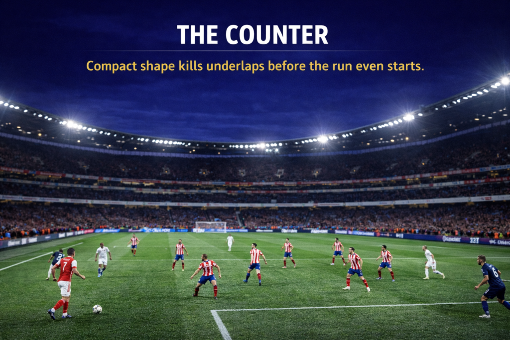 A compact 4-4-2 defensive mid-block denying central space against a wide attacker during a La Liga match at twilight