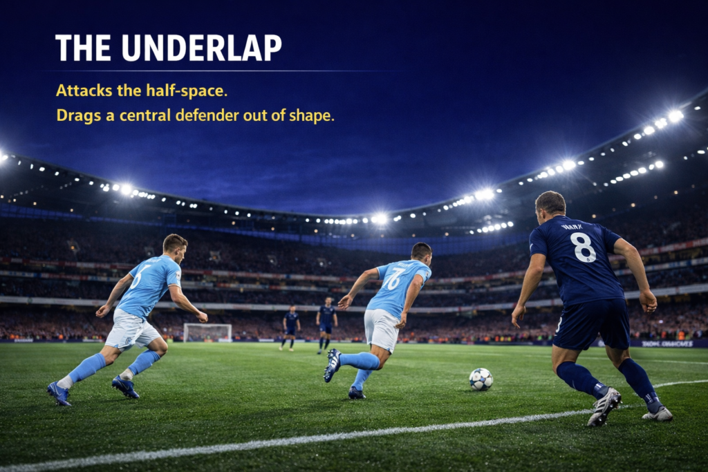 Underlapping run into the half-space between a centre-back and fullback in a broadcast-style football match