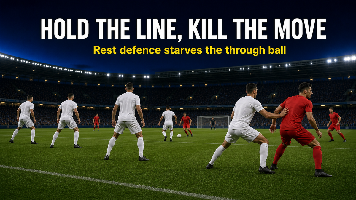 Disciplined rest defence screening the space an up-back-through through ball needs on the counter