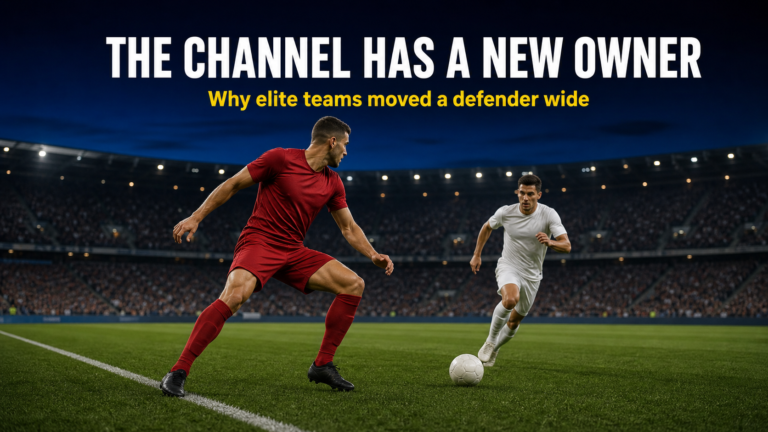 Wide centre-back stepping wide to intercept a counter in the right channel at blue hour
