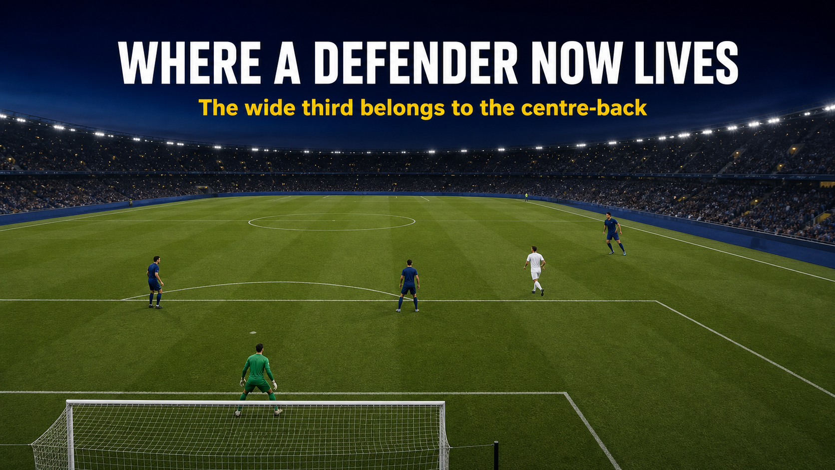 Wide centre-back positioned higher and wider in a back-three shape defending the channel
