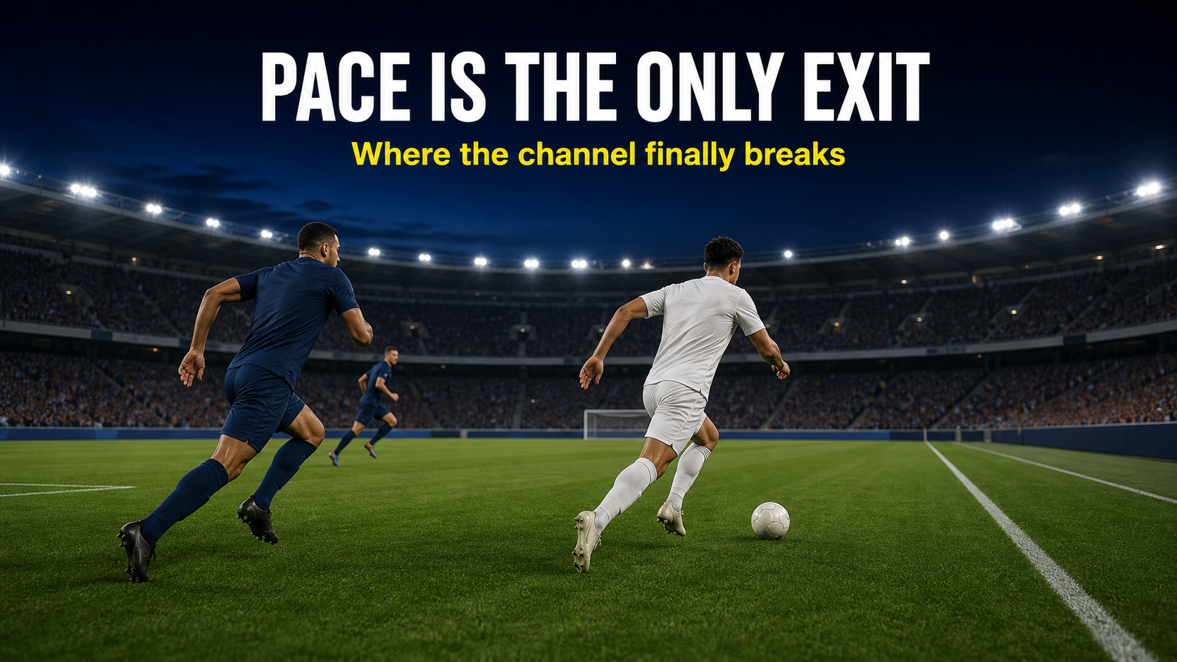 Fast winger bursting past a wide centre-back in transition along the right channel
