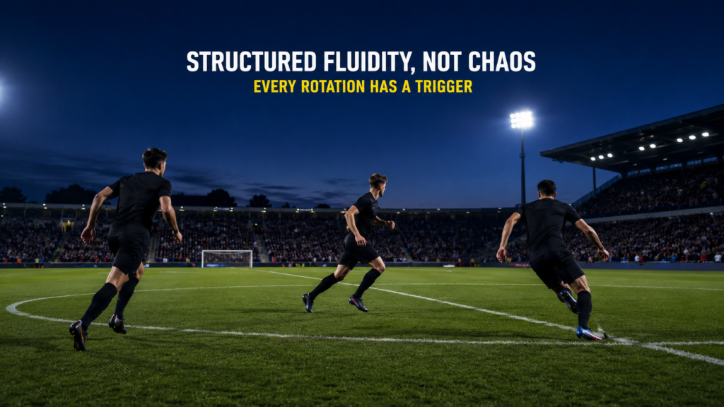 Positionless football rotation principle shown by three players moving across zones in a fluid system during build-up