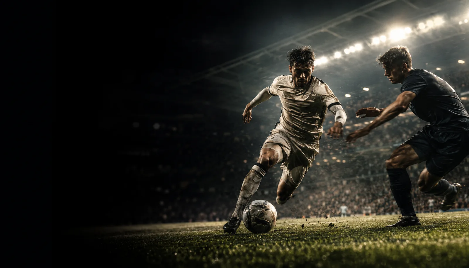 Two football players in motion under stadium floodlights at night — elite tactical analysis