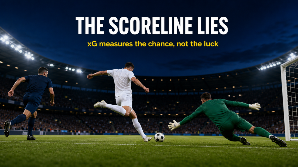 How to read expected goals: attacker striking from inside the six-yard box with the goalkeeper beaten, the high-quality chance xG is built to measure.